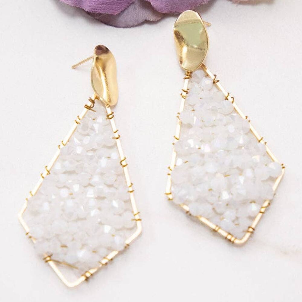 Evening Allure Drop Statement Earrings Iridescent White Beads
